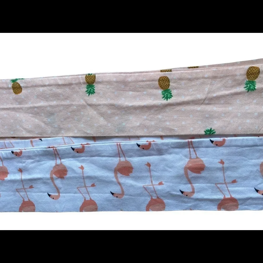 Tropical long thin white scarf with pink flamingos, also peach with pineapples